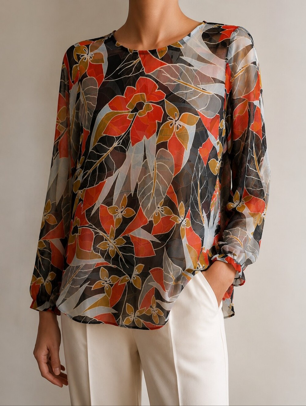 RW&CO. Floral Sheer Mesh Long Sleeve Blouse – Size Medium